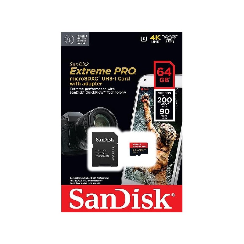 SanDisk Extreme Pro 64 Go Micro SD Carte Micro SD SanDisk Extreme Pro 64Go. Vitesse de lecture jusqu'à 200 Mo/s