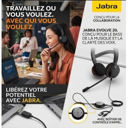 Casque Jabra Evolve 20 Stereo MS USB C/A adapteur